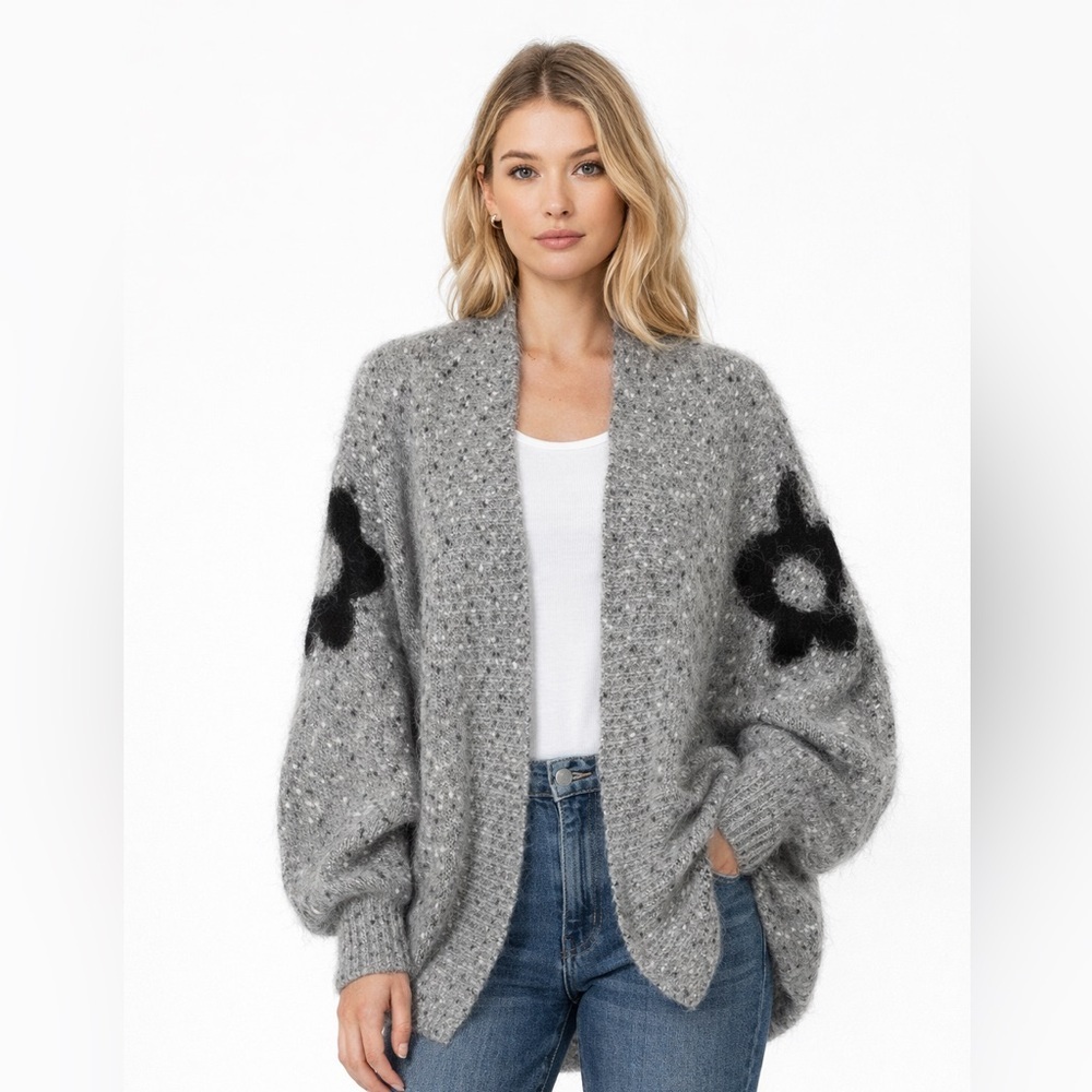 Mohair Blend Cozy Cardigan Gray Floral Oversized Blouson Sleeve Sweater M